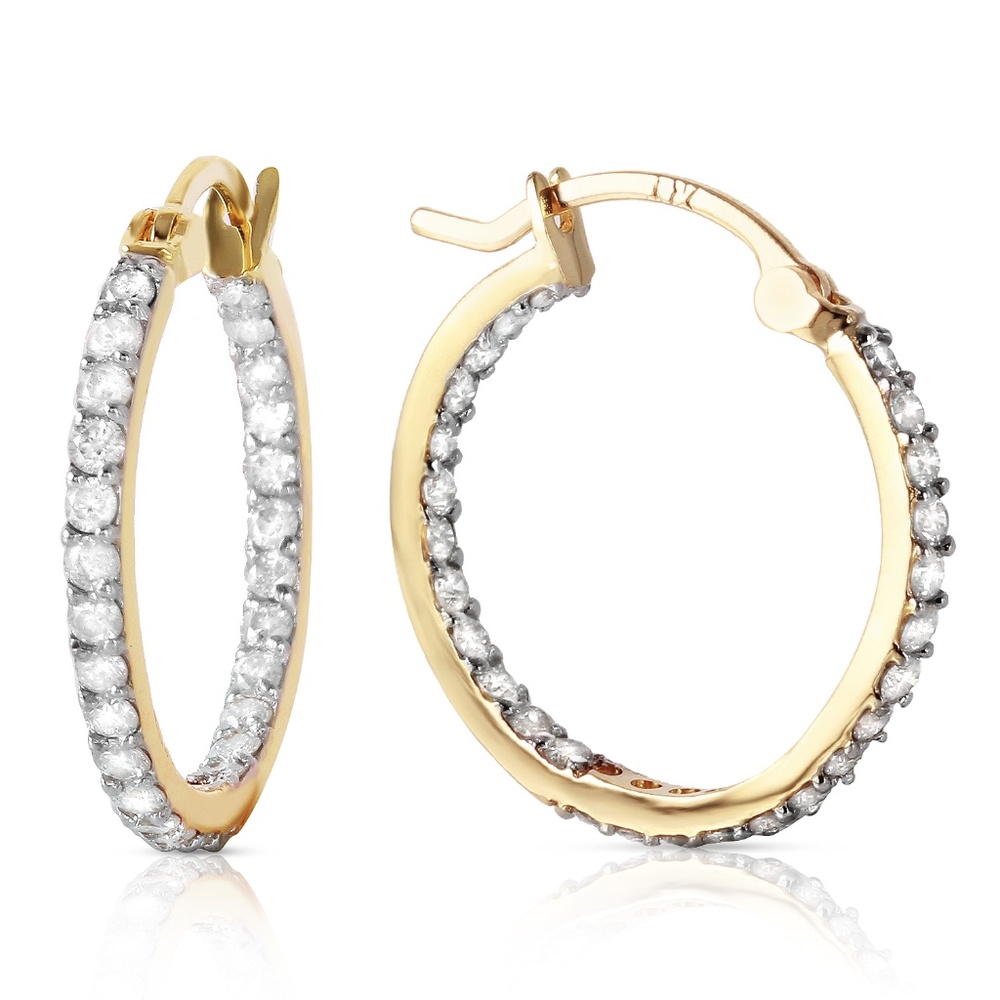 14K. SOLID GOLD HOOP EARRING WITH NATURAL DIAMONDS - Picture 2 of 5